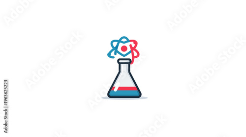 Chemical reaction in a laboratory flask with atomic structures. Science, research, experiment, and innovation concept illustration.
