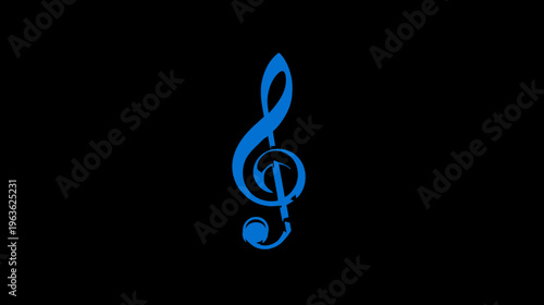 Vibrant blue treble clef musical symbol on a plain black background, representing music, sound, and harmony
