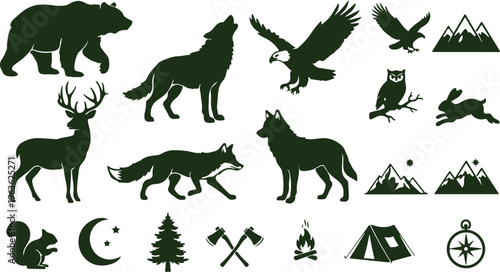 A collection of animal silhouettes including a bear and eagle