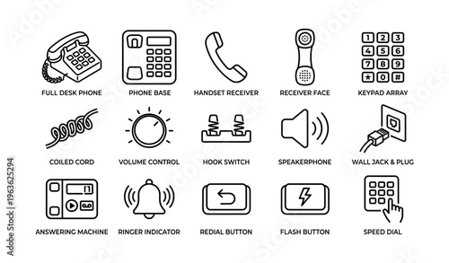 Vintage communication icons: phone, handset, speakerphone, keypad, volume control
