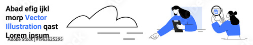 Cloud computing, data analysis, technology, information security, professional teamwork, innovation. Two individuals interact with cloud computing data, analyzing and presenting information. Cloud