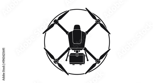 Professional Black and White Vector Illustration of a Quadcopter Carrying a Package in a Circular Frame, Representing Modern Logistics and Smart Air Freight.