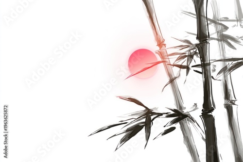 Artistic black ink bamboo with leaves, rising sun, and white background