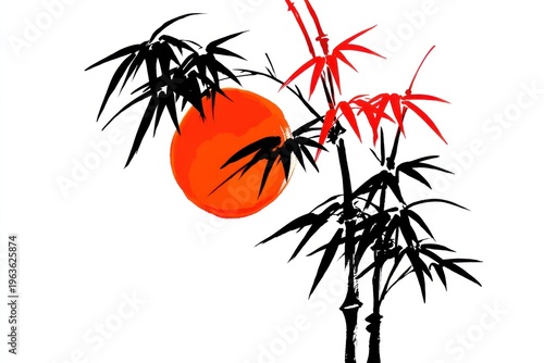 Simplified illustration of bamboo stalks and leaves with an orange circle sun on a white background