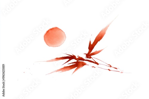 A minimalist watercolor illustration, featuring a reddish sun and abstract bamboo branches