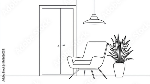 Minimalist interior sketch features a door, armchair, potted plant, and pendant light fixture