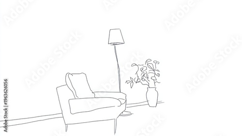 Line drawing of a living space, featuring armchair, lamp, and vase with leafy plant