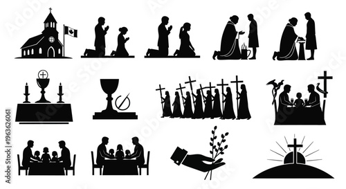 Religious iconography depicting prayer worship and key christian symbols in black