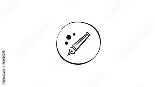 A pen illustration sits in a white circle with ink splotches, set against a plain background