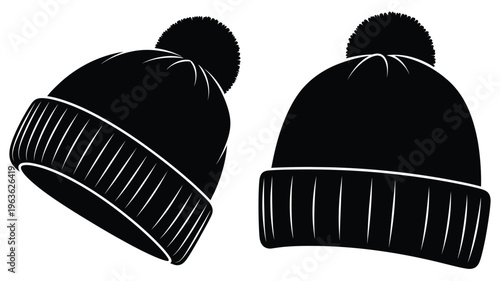 Two black winter beanies displayed against a white background silhouette