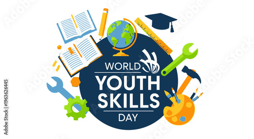 World Youth Skills Day Concept with Educational and Vocational Symbols Around Blue Circle, Isolated White Background.