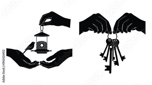 Hands holding birdcage keys and bird in a striking silhouette