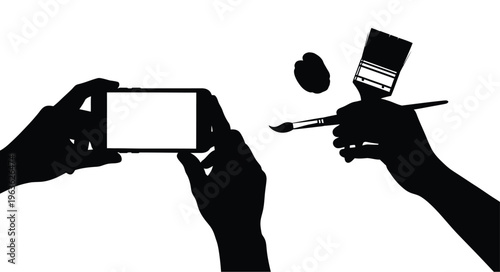 Hands holding phone and painting tools a striking black silhouette