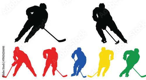 Hockey players in action depicted with striking color and silhouette