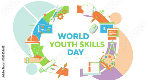 World Youth Skills Day Concept with Diverse Vocational and Creative Tools in Dynamic Design, Isolated White Background.