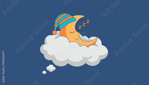 Sleepy crescent moon wearing colorful sleep cap resting on fluffy cloud
