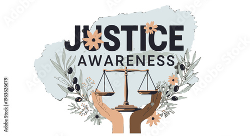 Justice awareness symbol with scales and hands.