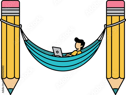 Man relaxing in hammock with laptop between giant pencils