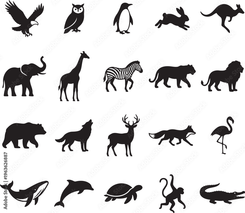 Obraz premium Collection of diverse animal silhouettes for graphic design