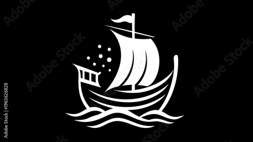 Stylized white outline of a traditional sailing ship, dhow or ancient vessel, on ocean waves against a black background. Nautical symbol.