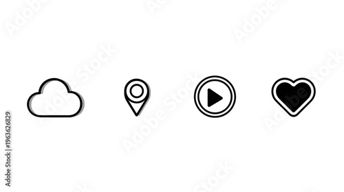 Modern social media and digital technology icons set: cloud storage, location pin, play button, and heart symbol