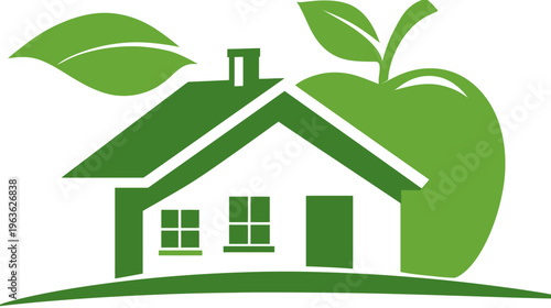 Sustainable Living Home Concept with Green Apple and Leaf. Eco-Friendly House Icon for Healthy Environment and Nature Conservation.