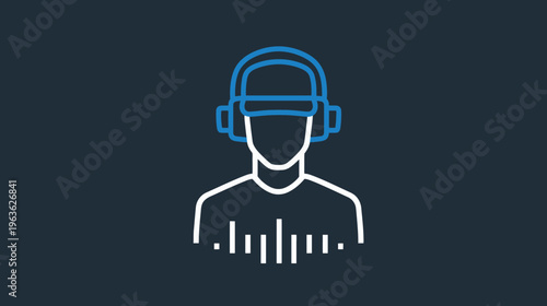 Outline icon of a person wearing headphones with a sound wave equalizer, symbolizing audio, listening, music, and virtual reality.