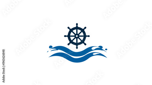 Nautical ship's wheel with stylized blue waves and water splashes on white background, marine travel concept