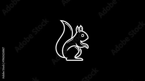Minimalist white outline squirrel icon graphic illustration. Simple rodent animal character symbol on a black background.