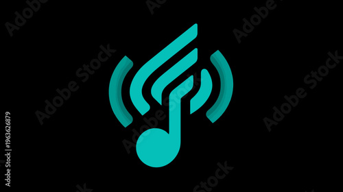 Vibrant teal musical note icon with radiating sound waves and abstract wings on a black background, symbolizing digital audio and streaming.