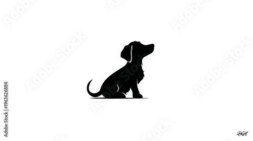 Cute sitting dog silhouette looking up, isolated on a clean white background. Pet puppy illustration for graphic design.