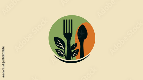 Healthy organic food logo design with fork, spoon, and leaves icon. Natural vegan restaurant emblem for nutrition and dining.