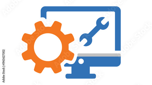 Desktop PC system maintenance, software update, and hardware repair icon. Digital technical support and IT service concept.
