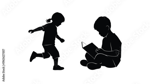 Two children engaged in play and reading depicted as a silhouette
