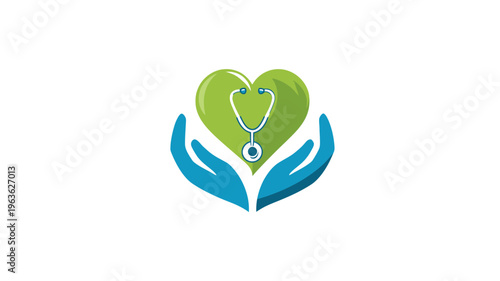 Caring hands holding green heart with stethoscope, symbol of medical care, health insurance, wellness, and charity support.