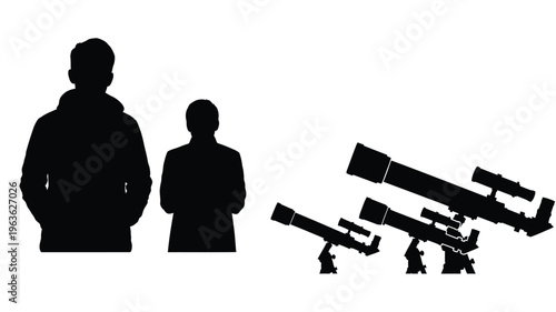 Two people and telescopes presented as a striking black silhouette