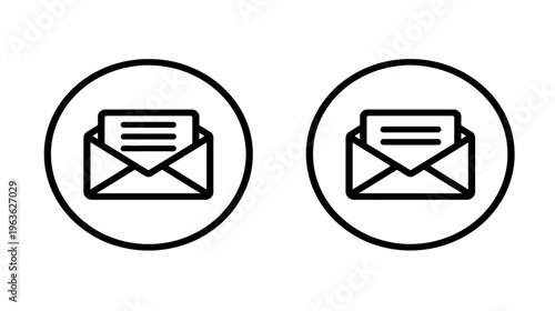 Modern outline email message icons. Open mail envelope with letter inside circles. Communication, contact, notification graphic symbol set.