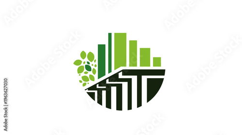 Sustainable Green City Logo with Eco-Friendly Buildings and Nature Leaves. Urban Development Icon for Environmentally Conscious Design.