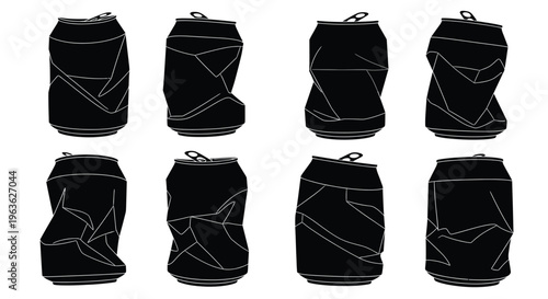 Eight crushed aluminum cans displayed in a stark graphic silhouette