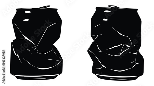 Two crushed aluminum cans depicted in a stark black silhouette