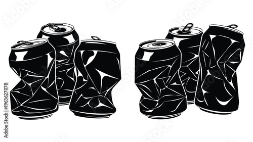 Crushed aluminum cans arranged in a still life black silhouette