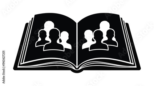 An open book displaying figures in dark silhouette