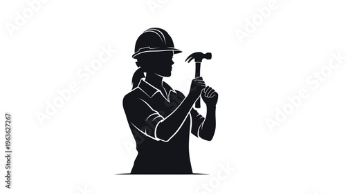 Female construction worker with hammer a striking black silhouette