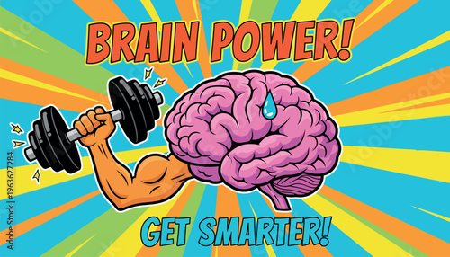 Brain power concept with flexing arm and dumbbell lifting brain