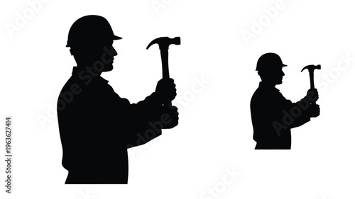 Construction workers with hammers depicted in striking black silhouette