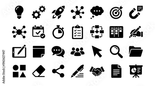 Collection of modern flat icons representing business concepts strategy planning and project management on a white background