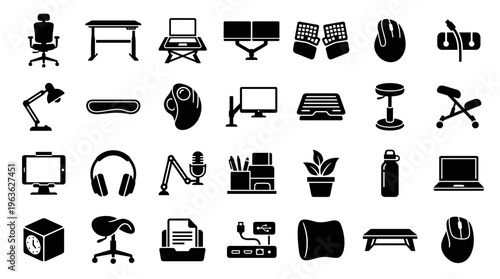 Collection of modern office and home office equipment icons for remote work and digital workspace setup