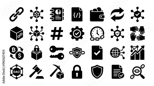 Blockchain technology icons representing digital currency security smart contracts decentralized autonomous organizations and network connections