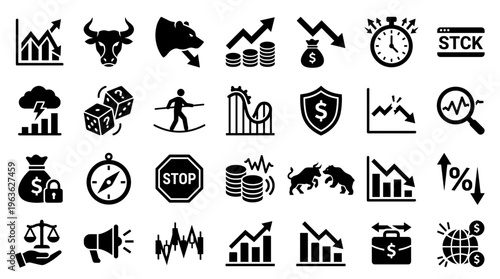Collection of stock market and finance icons representing trading growth risk and investment opportunities with bull and bear symbols