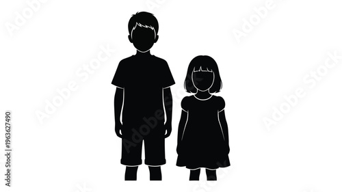 Two young children standing together a striking black silhouette
